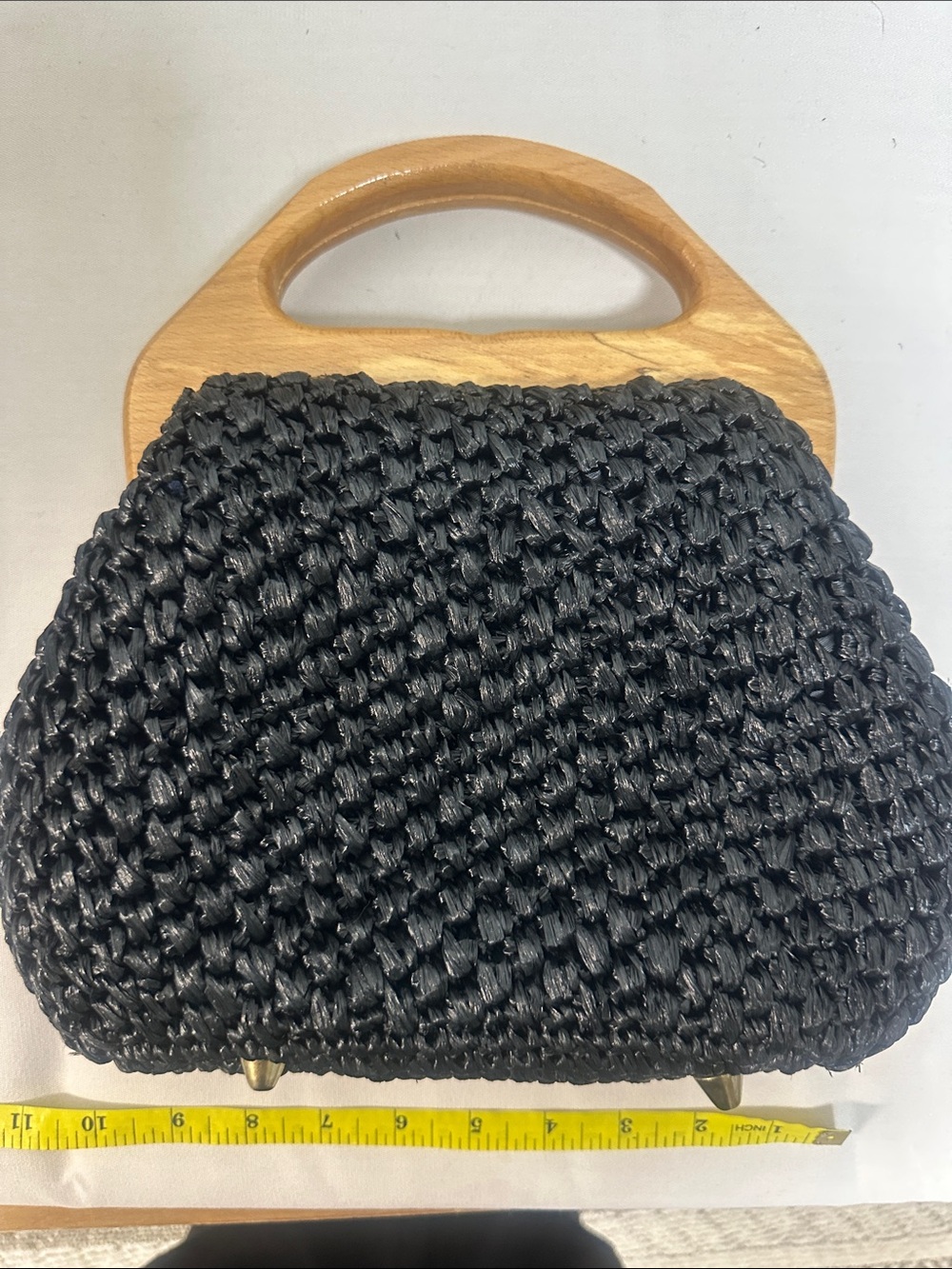 Vintage  Black Raffia Top-Handle Bag with Wooden Handles